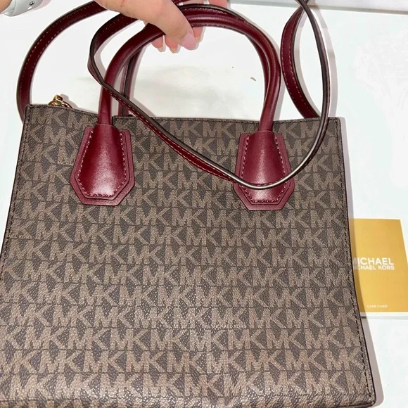 Michael Kors Mercer Medium Messenger Satchel Brown MK Logo Merlot Leather Crossb - Picture 3 of 6